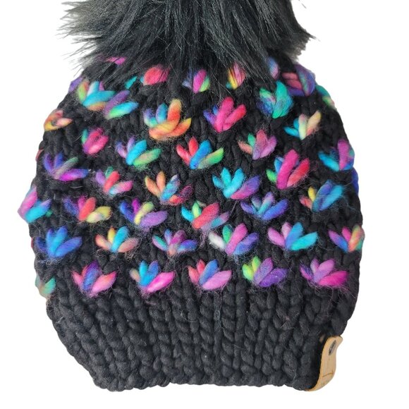 907 Knits Pom Pom Beanie Hat Black Multicolor Rainbow Fresh Tracks Lotus Flower - Picture 2 of 8